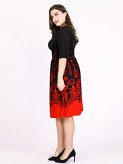 Damask Print Half Sleeve V-Neck Midi Dress