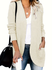 Waffle Solid Knit Cardigan Long Sleeve Sweater With Pockets
