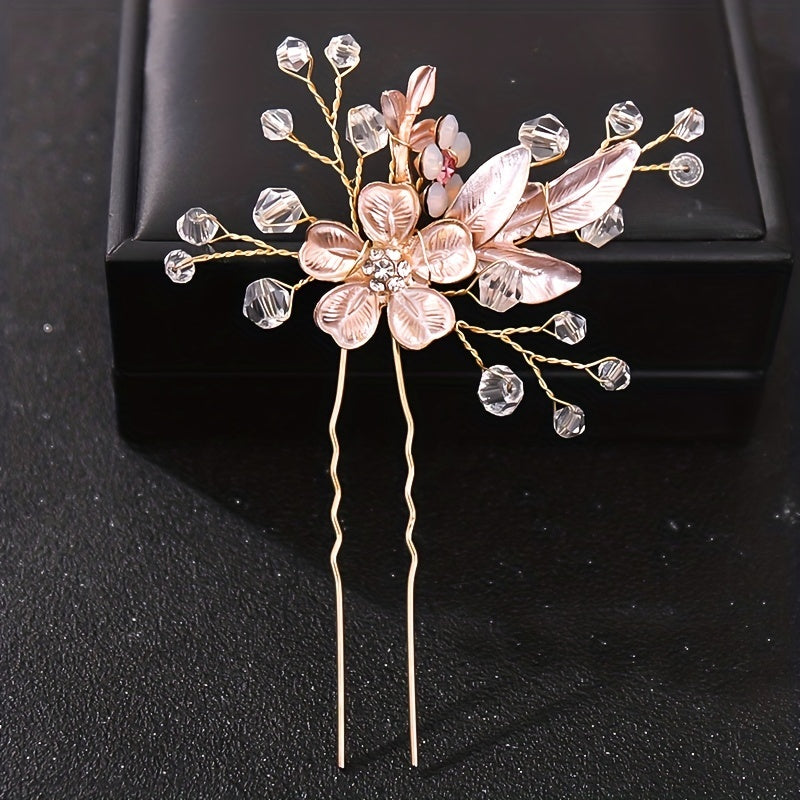 Crystal Flower Hair Pin U-shaped Hairpin Head Jewelry