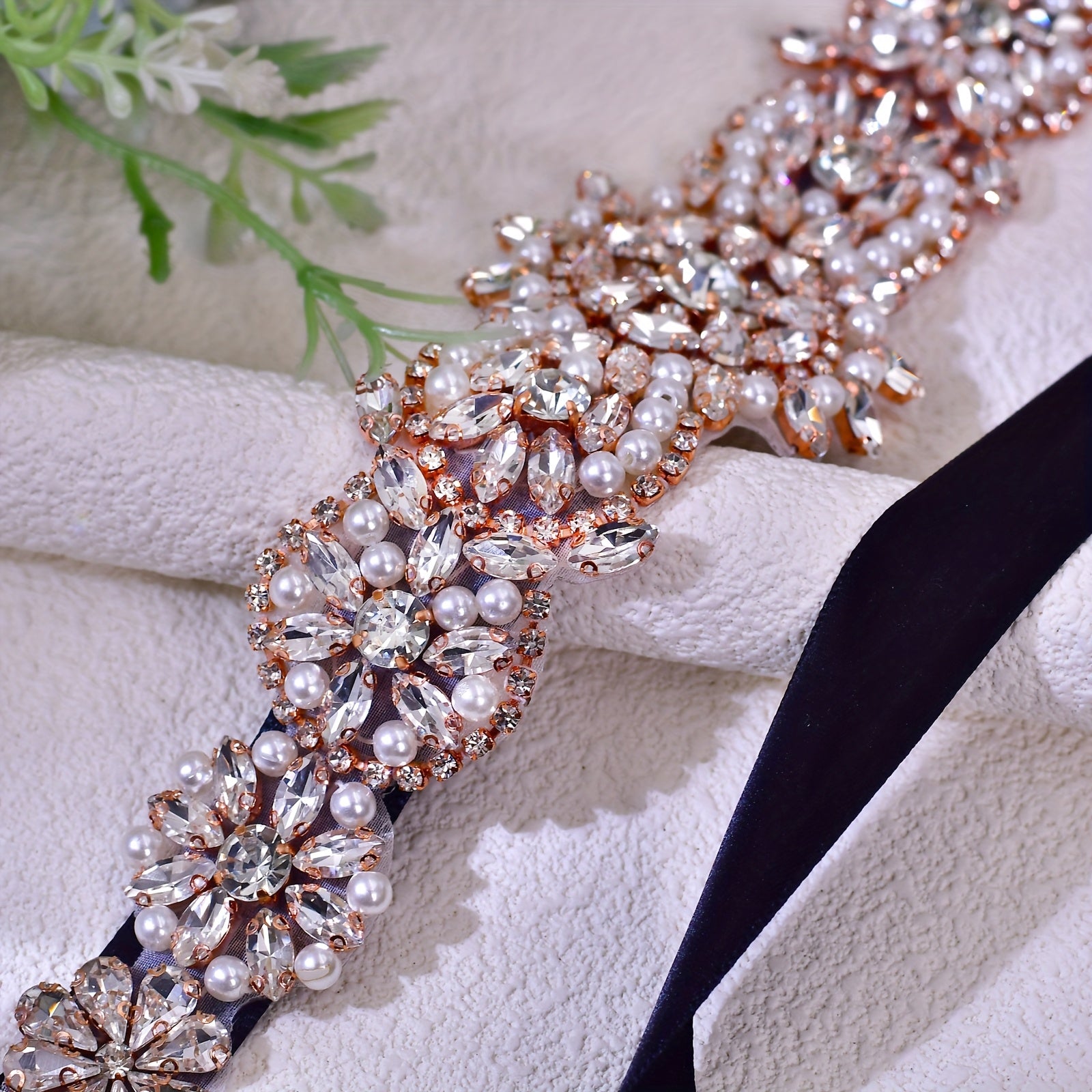 Handcrafted Rhinestone and Pearl Waist Belt Pink Crystal Embellishment