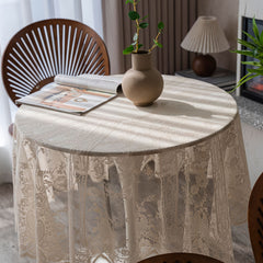 Beige Lace Table Cloth Round Table Cover 152cm Western Food Cafe Plaid Tassel