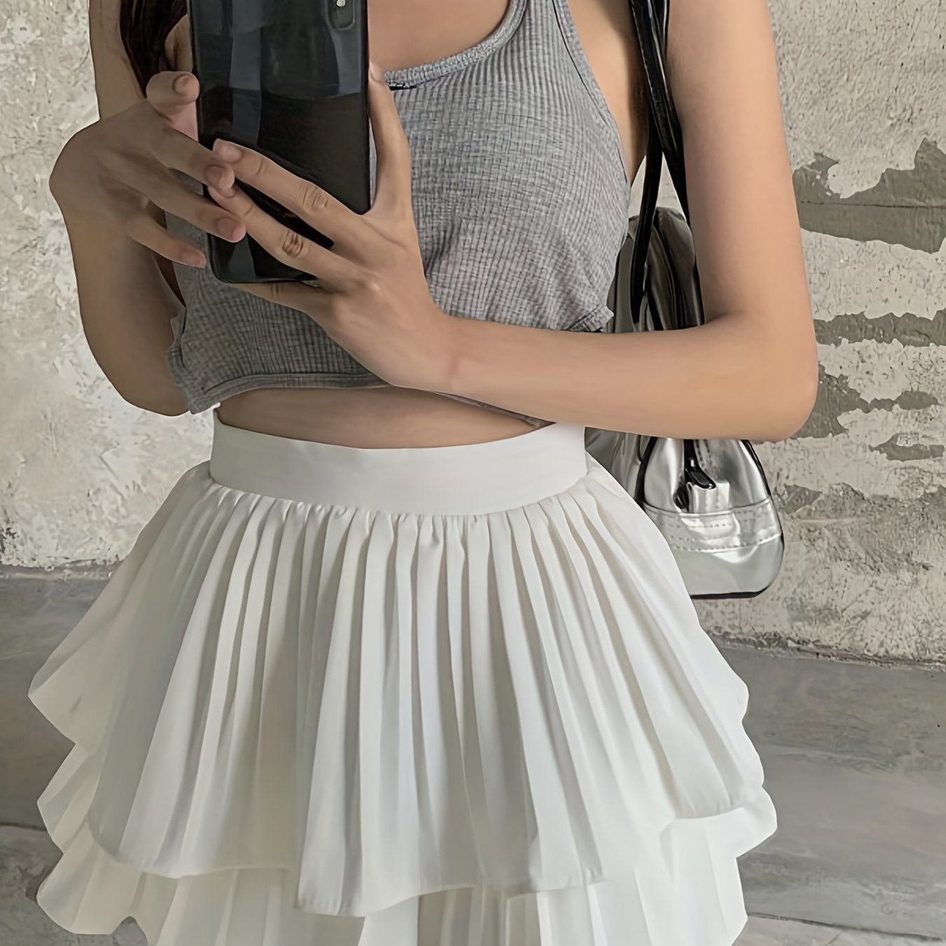 Pleated Layered Mini Skirt Solid Summer Women's Clothing