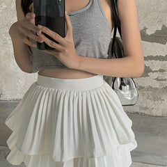 Pleated Layered Mini Skirt Solid Summer Women's Clothing