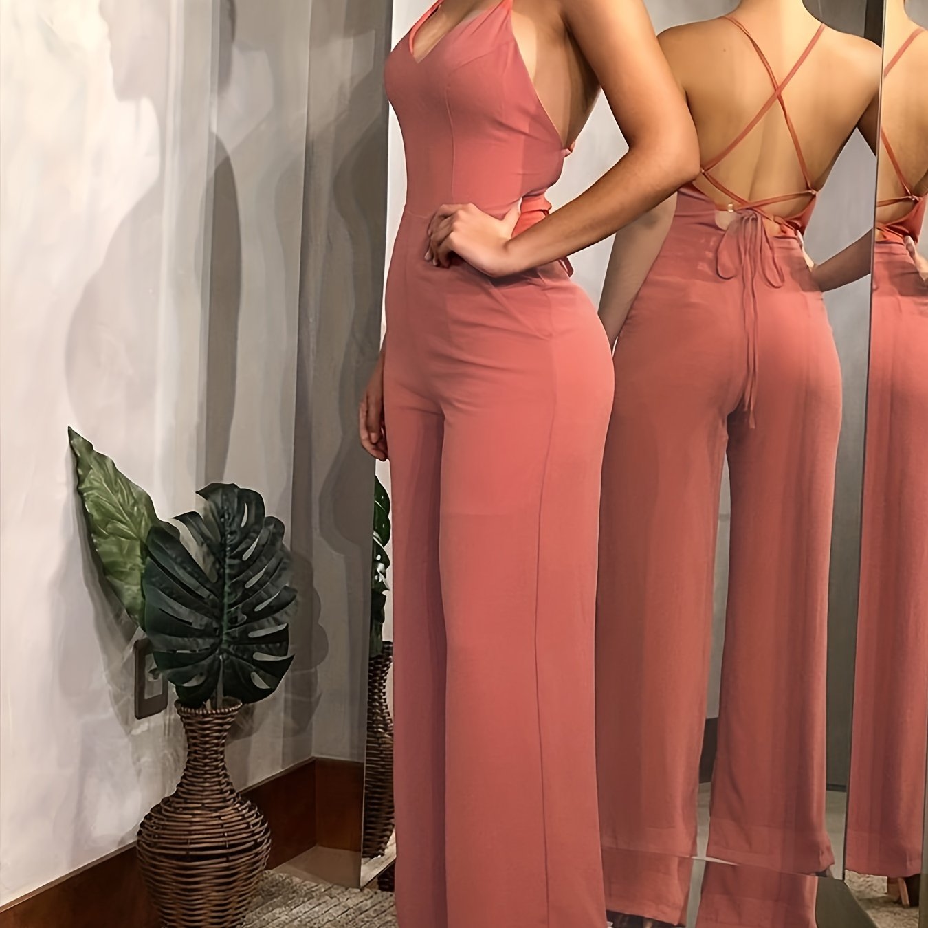 Backless V neck Jumpsuit Solid Color Sexy Jumpsuit