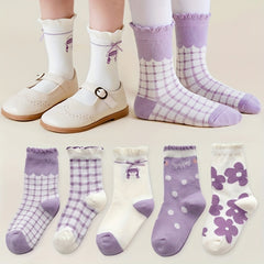 5 Pairs Girls Kids Cartoon Lace Princess Socks - Breathable Crew Socks