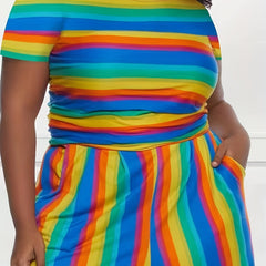 Rainbow Stripe Tee & Pocketed Shorts Set