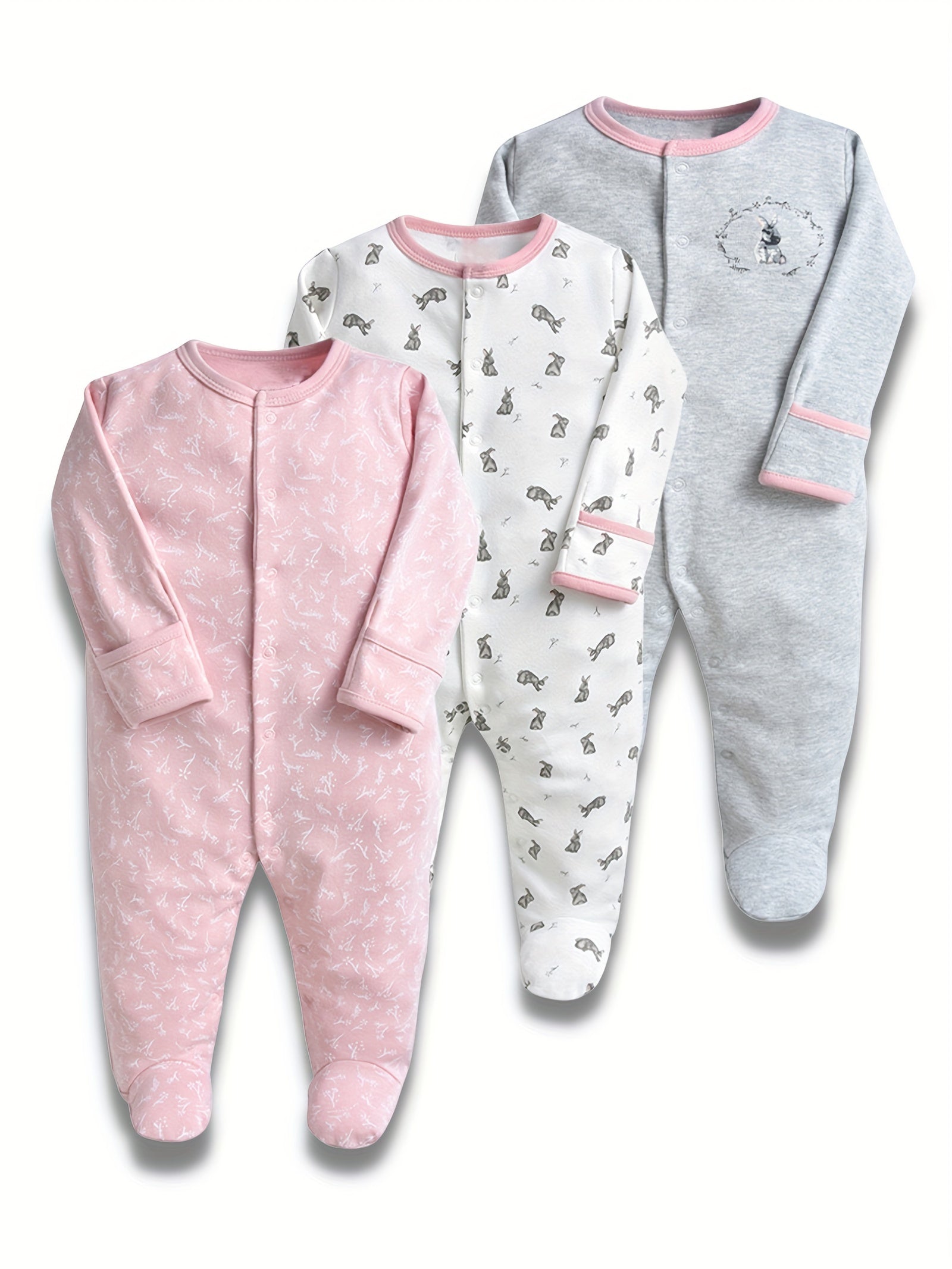 3pcs Baby Girl's Cotton Footed Rompers Pajamas Set With Dinosaur Print