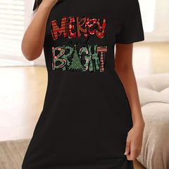 Christmas Dress Women's Plus Christmas Tree & Slogan Print Tee Dress