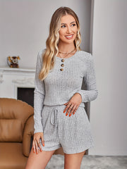 Ribbed Two piece Set Button Front Long Sleeve Top & Drawstring Shorts