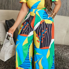 Sexy Jumpsuit Cut Out Bow Knot Back Puff Sleeve V Neck