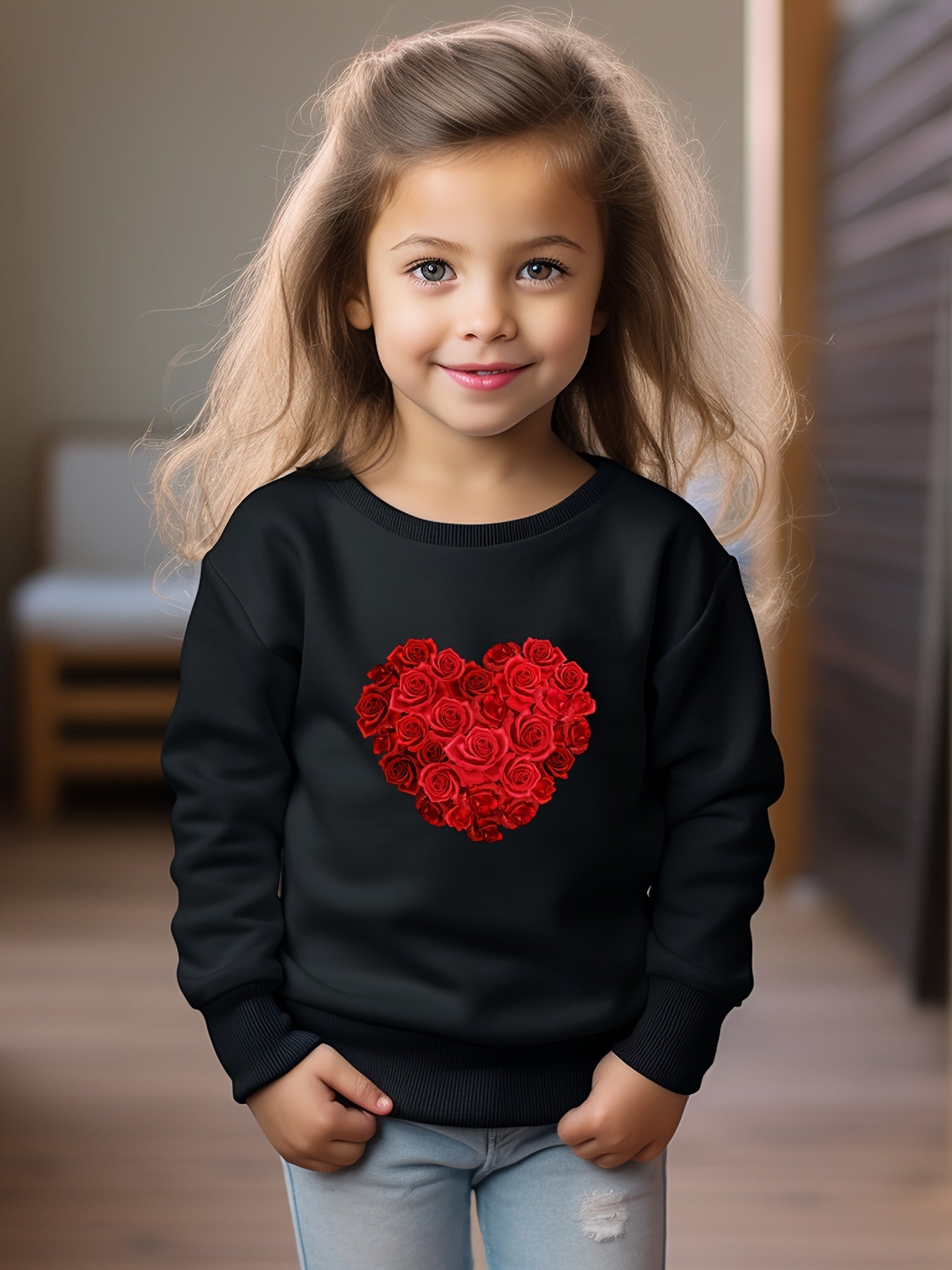 Girls Heart Pattern Crew Neck Sweatshirt For Spring Fall