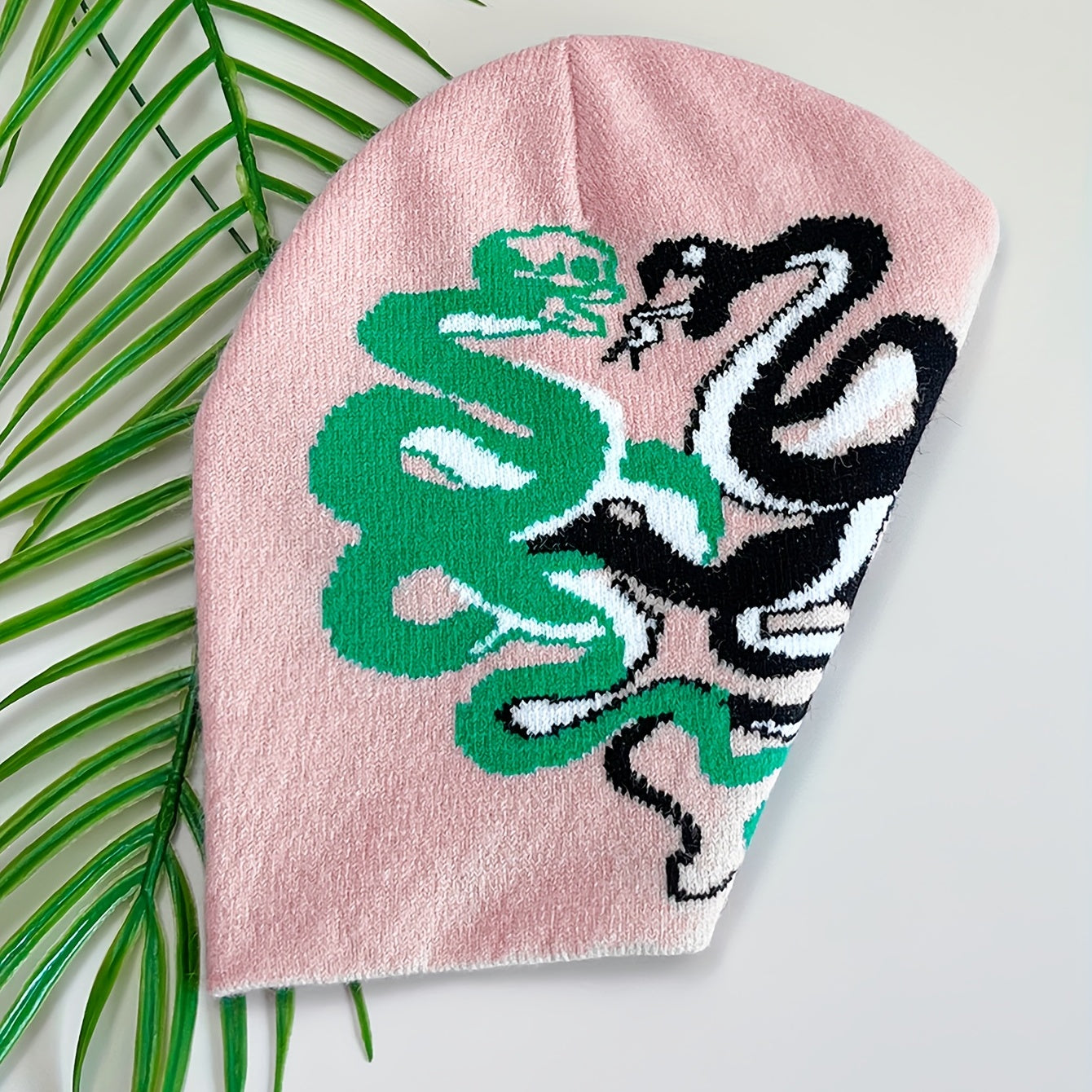 Pink Snake Jacquard Beanie Hat Soft Knit Hip Hop Cap