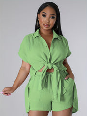 Casual Two piece Set Button Front Shirt & Drawstring Shorts