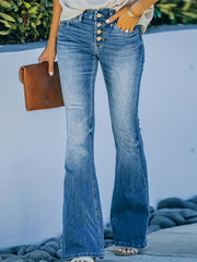 High Waist Flared Jeans Single Breasted Button Bell Bottom Slight Stretch Denim