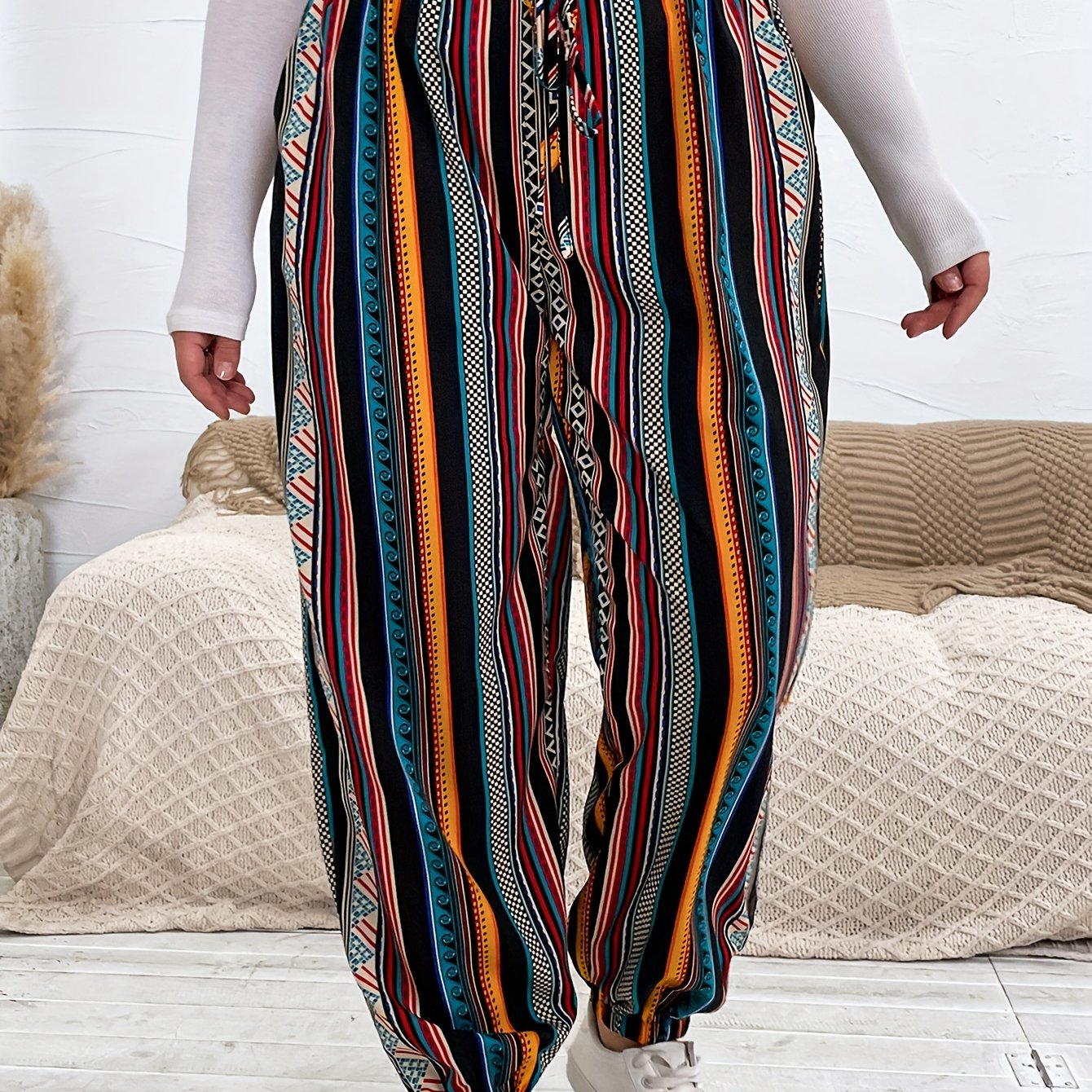 Ethnic Style Pants Women's Plus Patchwork Print Elastic High Rise