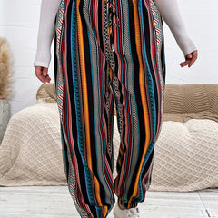 Ethnic Style Pants Women's Plus Patchwork Print Elastic High Rise