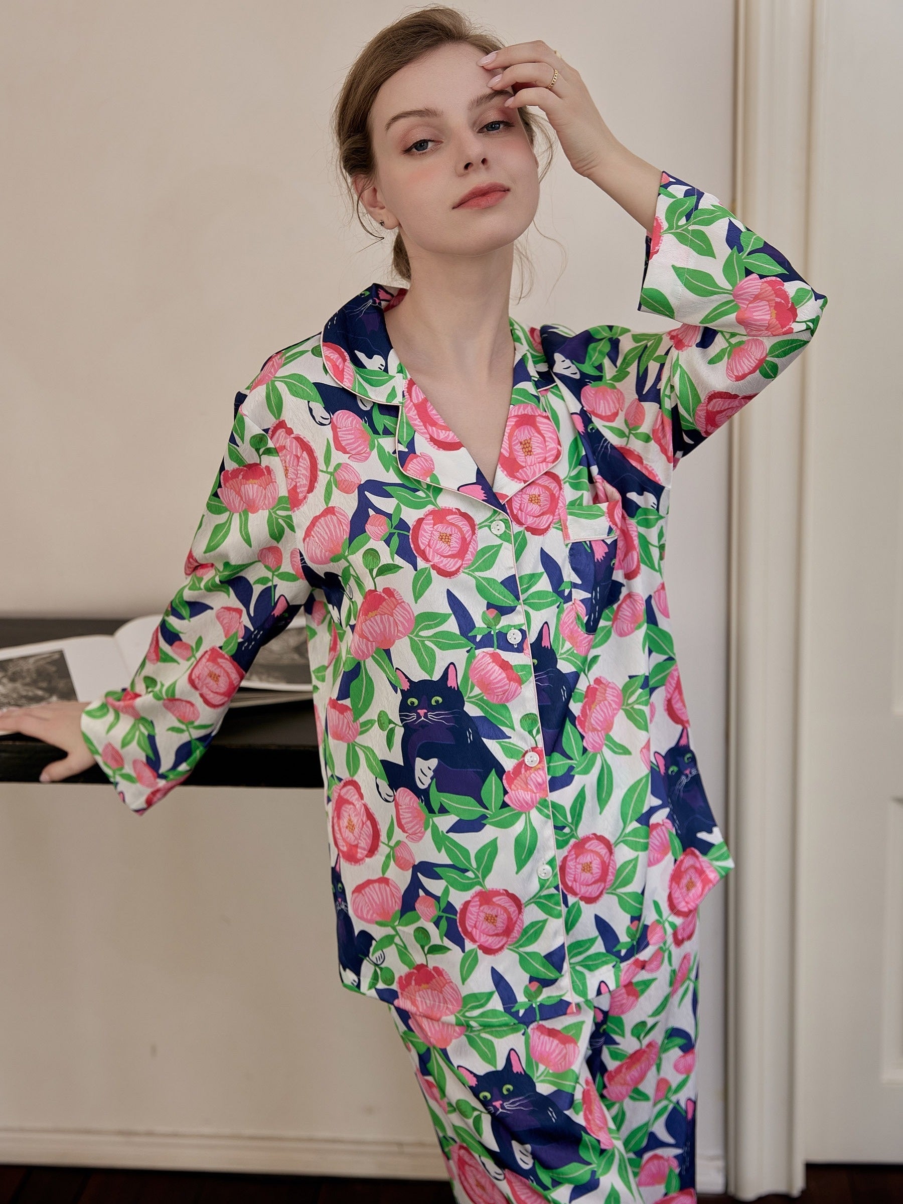 Floral & Cat Print Pajama Set Long Sleeve Top & Pants Women's Sleepwear