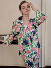 Floral & Cat Print Pajama Set Long Sleeve Top & Pants Women's Sleepwear