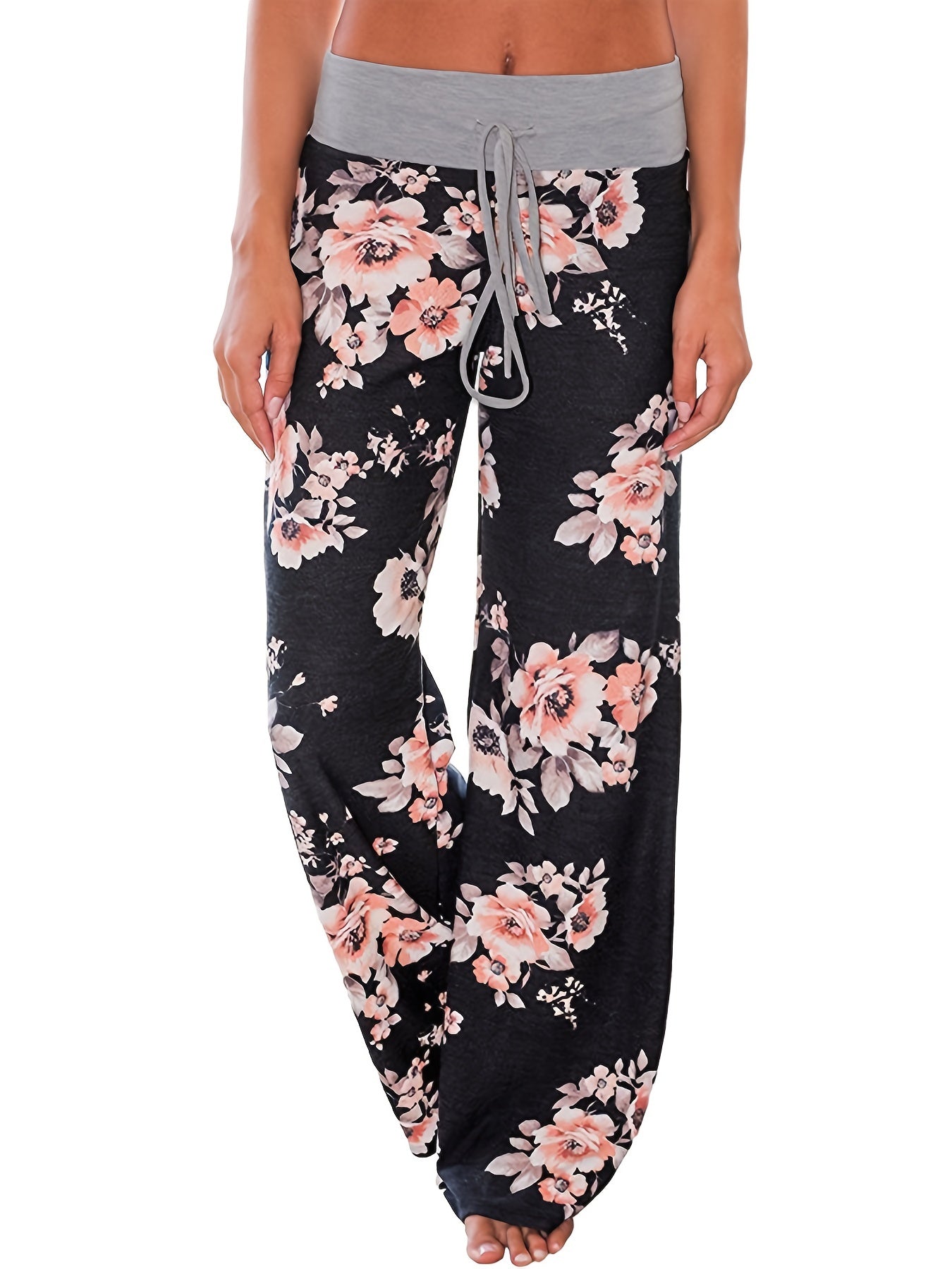 Flower Print Loose Pants Casual Lace up High Waist Wide Leg