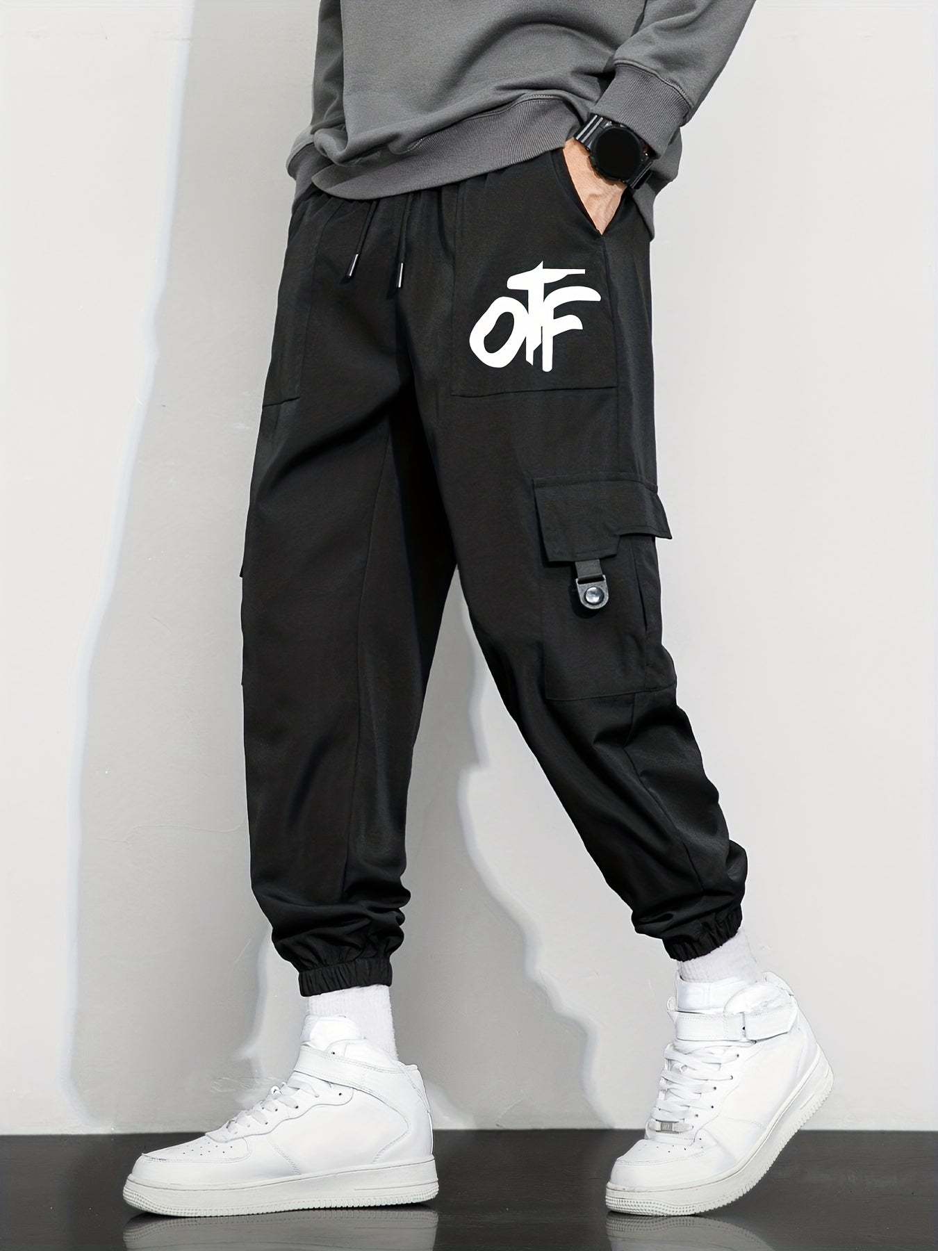 Casual Letter Print Cargo Pants with Drawstring