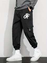 Casual Letter Print Cargo Pants with Drawstring