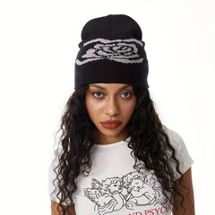 Y2K Flower Jacquard Beanie Hip Hop Knit Hat Warm Knitted Hat