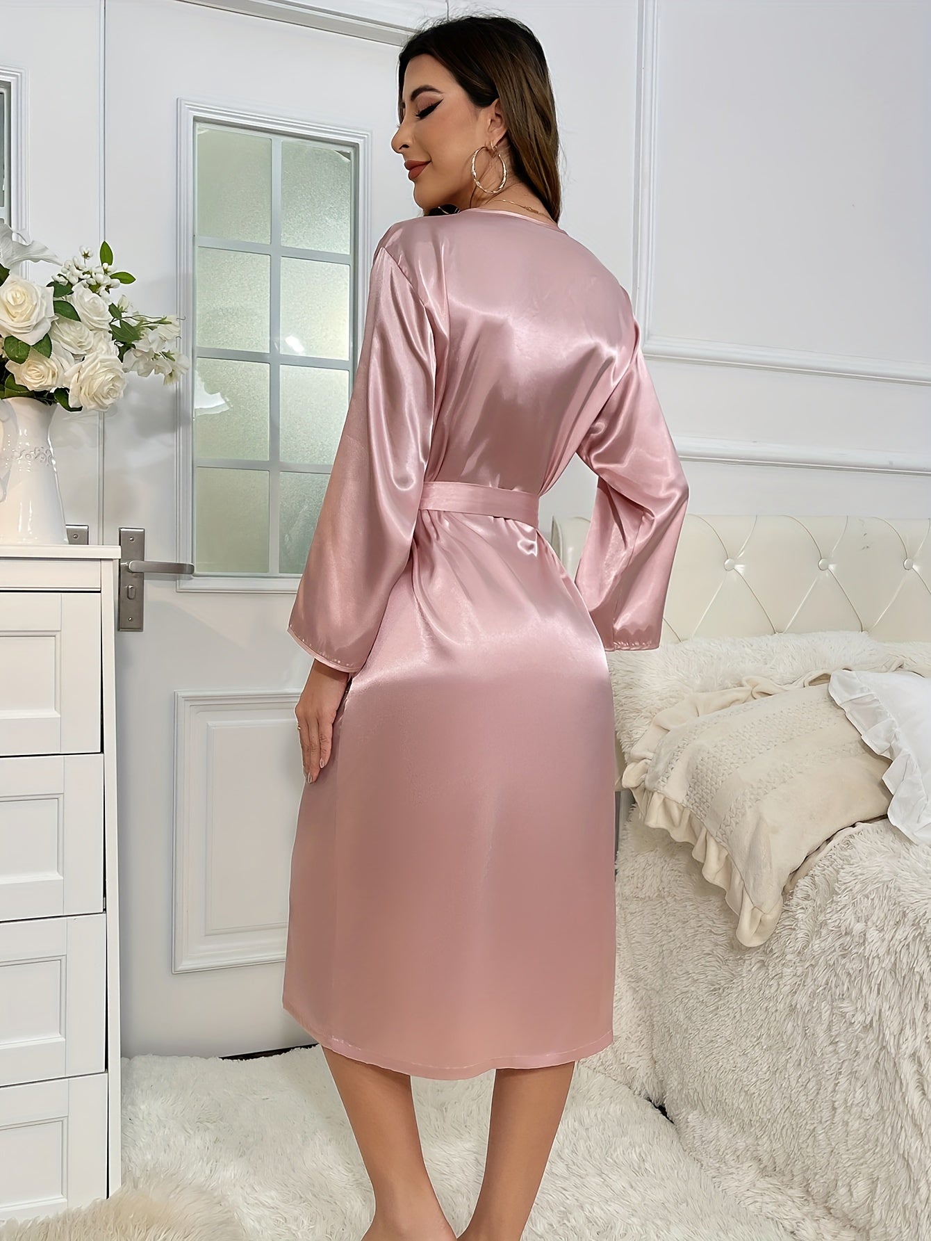 Satin Night Robe Long Sleeve V Neck Women's Sleepwear