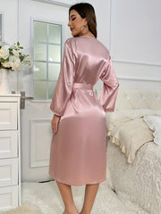 Satin Night Robe Long Sleeve V Neck Women's Sleepwear