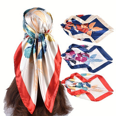 Vintage Flower Print Bandana Silky Shawl Square Scarf Woman Neckerchief