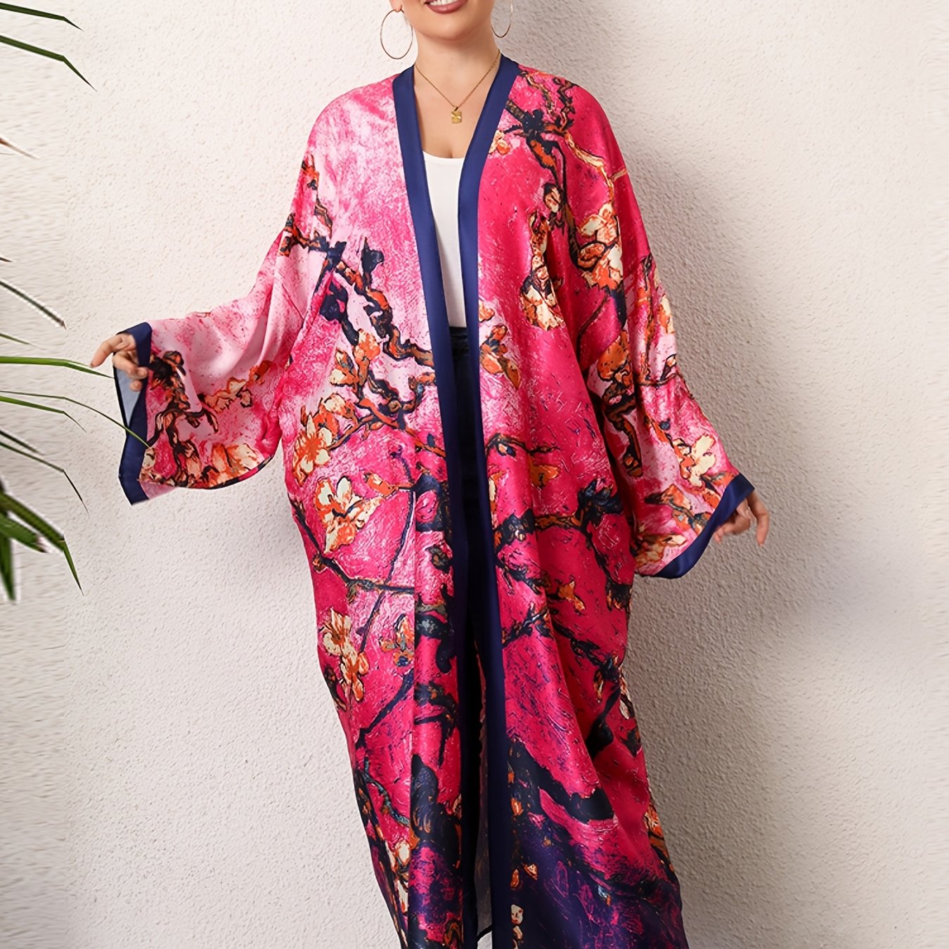 Boho Kimono Women's Plus Floral Print Tie Dye Long Sleeve