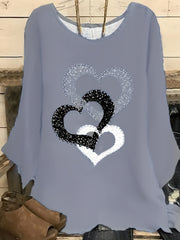 Heart Print Long Sleeve Round Neck Blouse