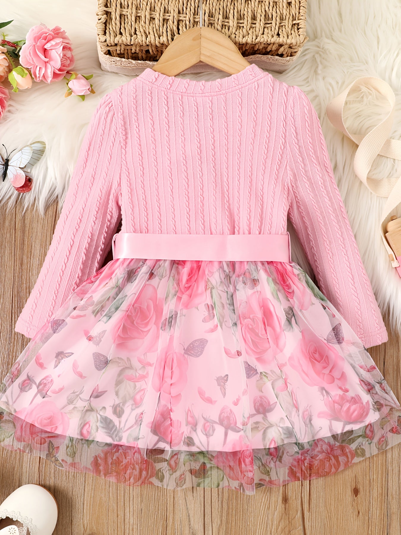 Toddler Girl Bow Front Floral Pattern Long Sleeve Dress