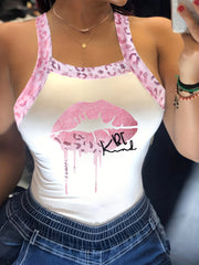 Leopard Lips Print Cami Top Sexy Tie Back Sleeveless Summer Top