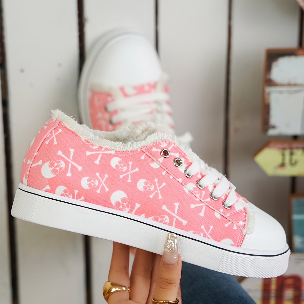 Pink Skull Pattern Sneakers Halloween Lace Up Low Top Flat Canvas Shoes