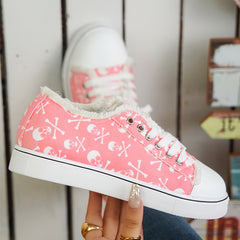 Pink Skull Pattern Sneakers Halloween Lace Up Low Top Flat Canvas Shoes