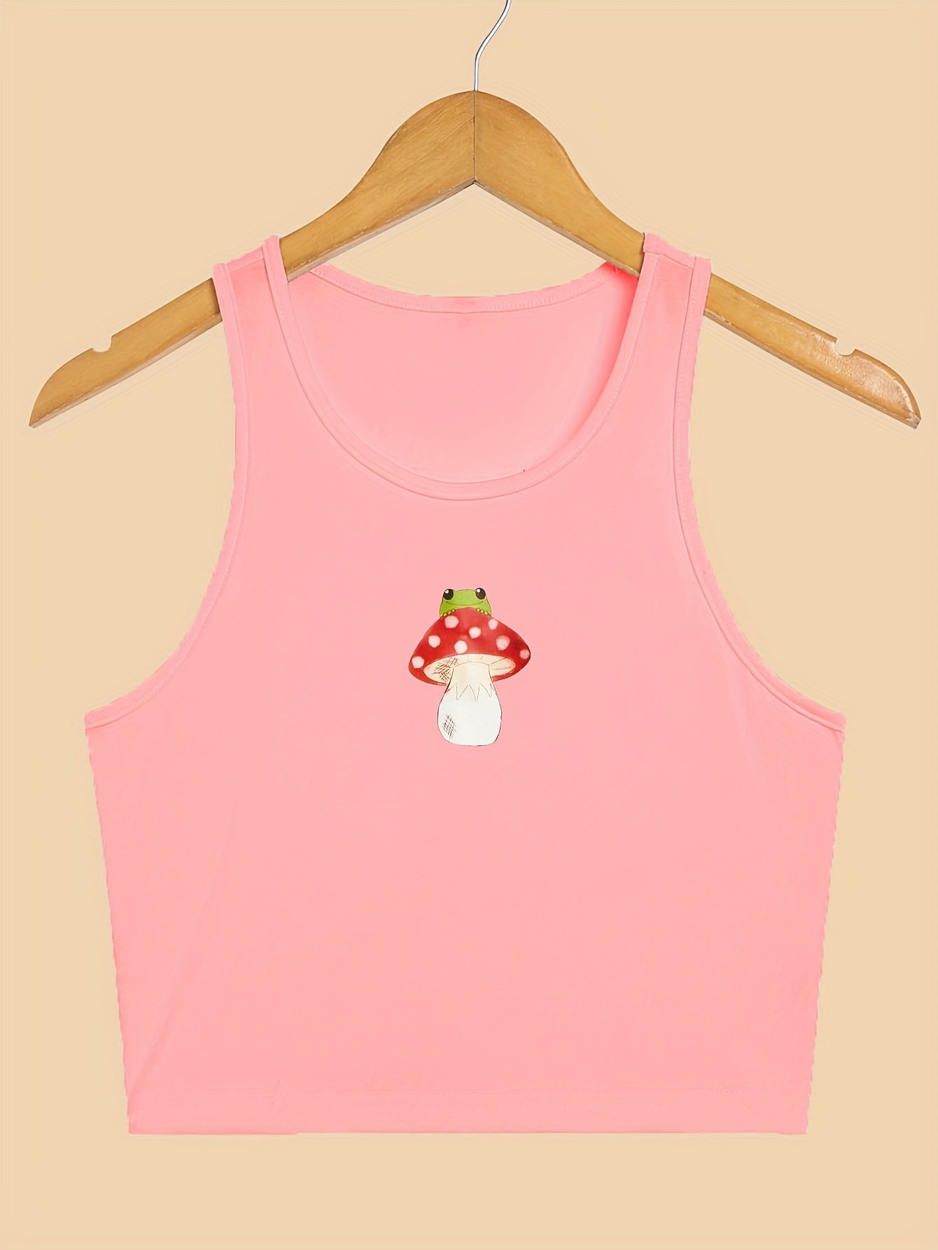 Mushroom & Frog Print Crop Tank Top Sleeveless Casual Top