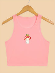 Mushroom & Frog Print Crop Tank Top Sleeveless Casual Top