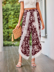 Paisley Print Lace Trim Wide Leg Pants for Women