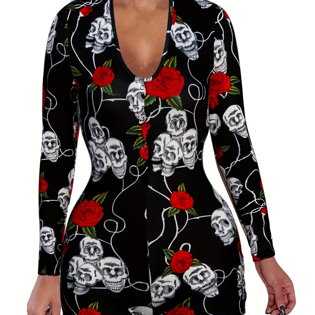 Skull & Rose Print Lounge Romper Long Sleeve V Neck Buttons Women's Loungewear