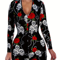 Skull & Rose Print Lounge Romper Long Sleeve V Neck Buttons Women's Loungewear