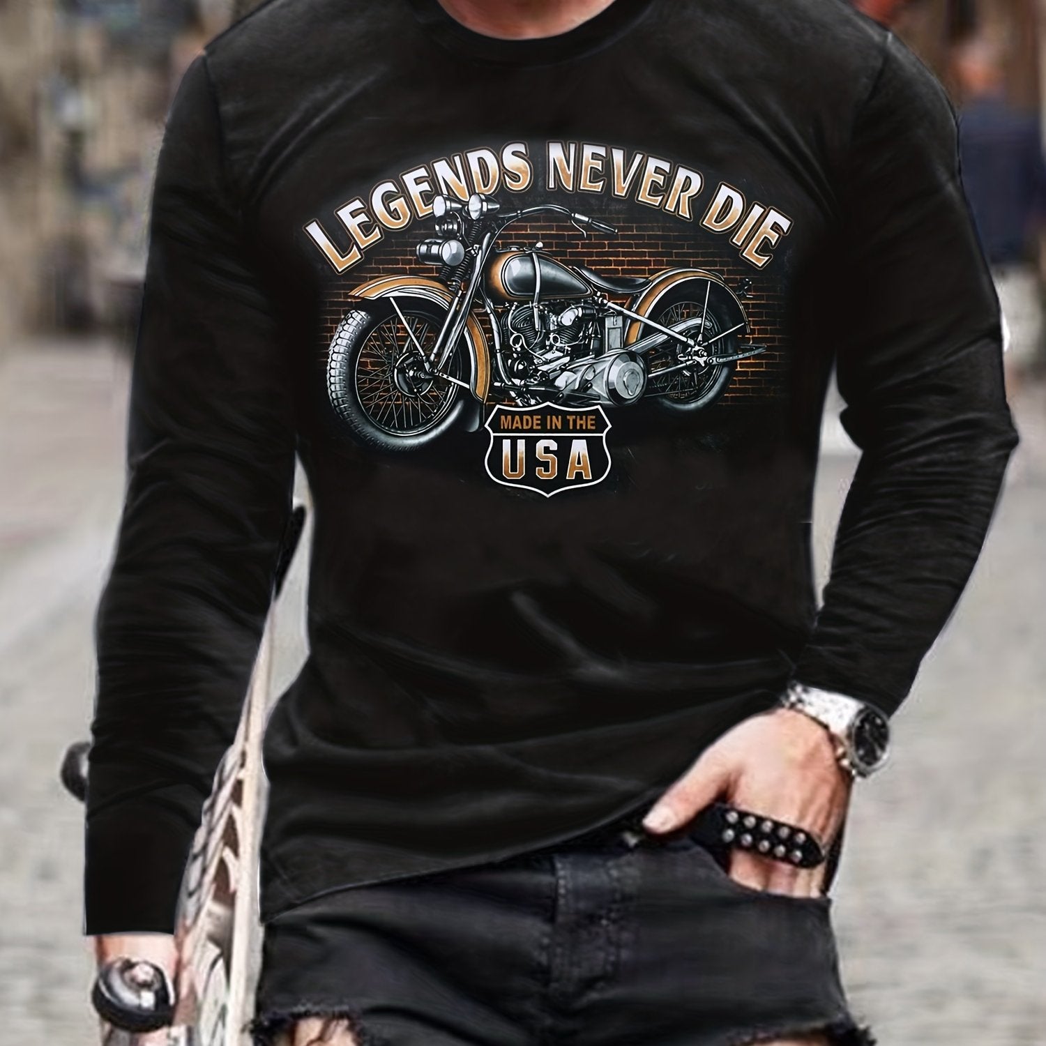 LEGENDS NEVER DIE Motorcycle Print Men's Graphic Round Neck Sweatshirt