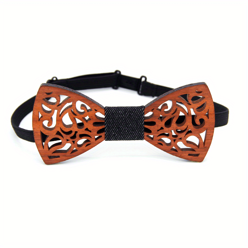 Wooden Bow Tie Vintage Adjustable Strap Bowtie Engraved Natural Wood Neck Tie