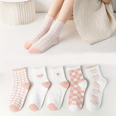 5 Pairs Floral & Plaid Print Socks for Women