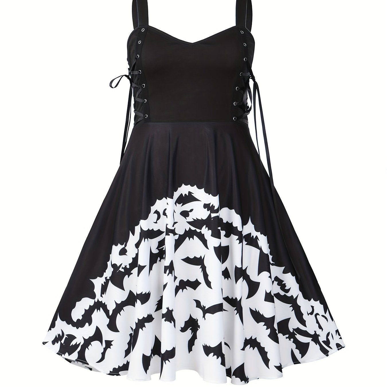 Halloween Goth Dress Women's Plus Bat Print Lace Up V Neck A line Tank