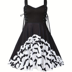Halloween Goth Dress Women's Plus Bat Print Lace Up V Neck A line Tank