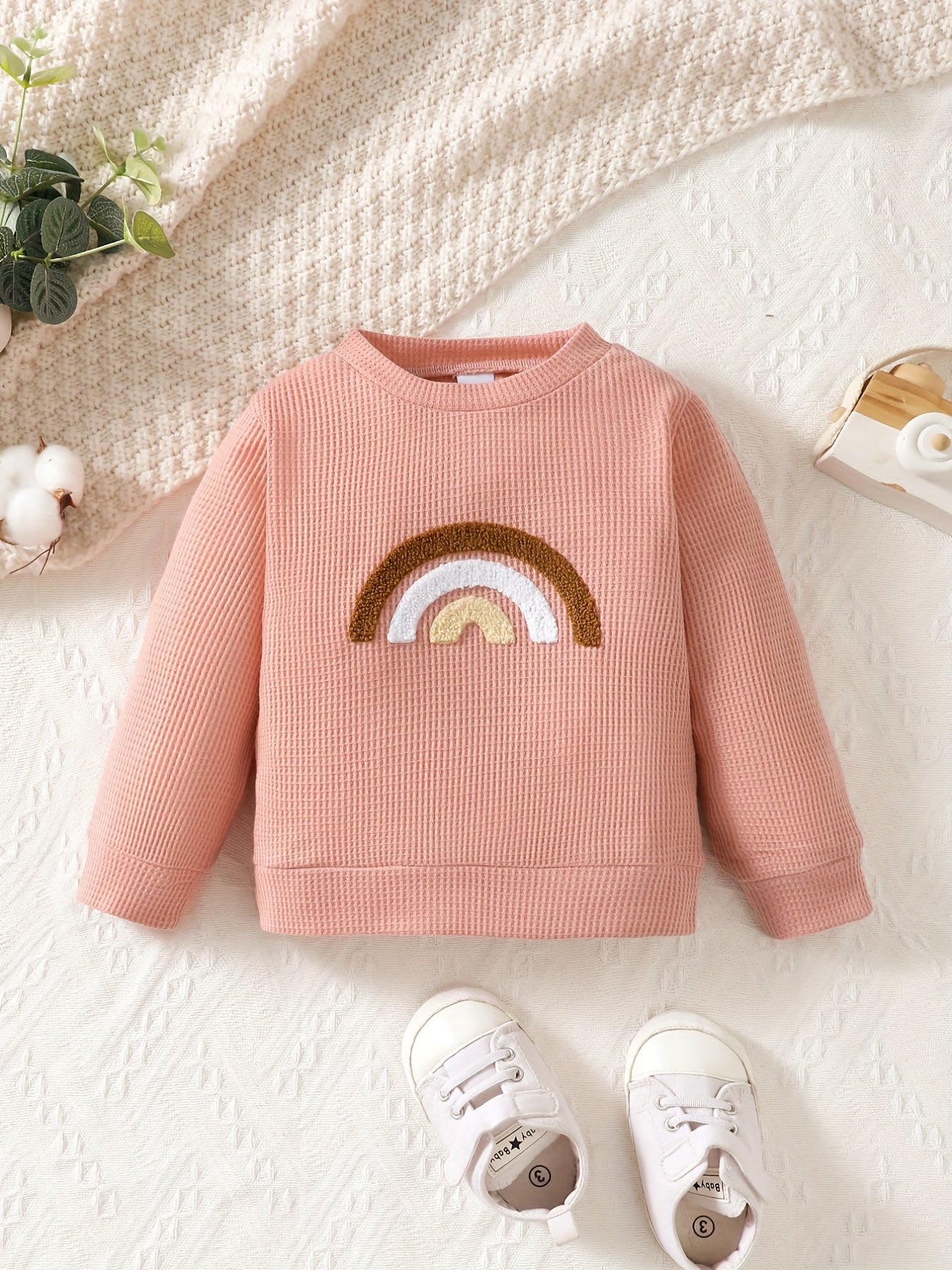 Unisex Rainbow Waffle Long Sleeve Pullover Top Crew Neck Blouse