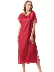 Red Satin Short Sleeve NightDress Crew Neck Pajama Dress Women's Sleepwear