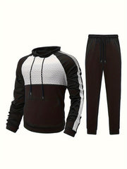 Men's Block Casual Hoodie & Drawstring Sweatpants Set