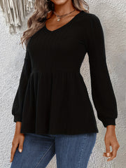 Solid Long Sleeve V Neck Knit Top Medium Stretch Sweater