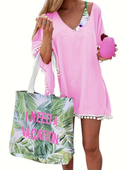 Chiffon Pom Pom Kaftan Beach Swimsuit Cover Up Scoop Neck Batwing Dress